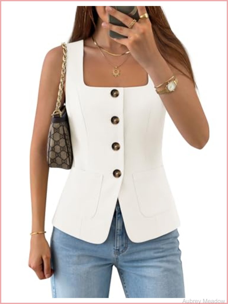 Womens Square Neck Button Down Sleeveless Suit Vest Top Blazer Waistcoat